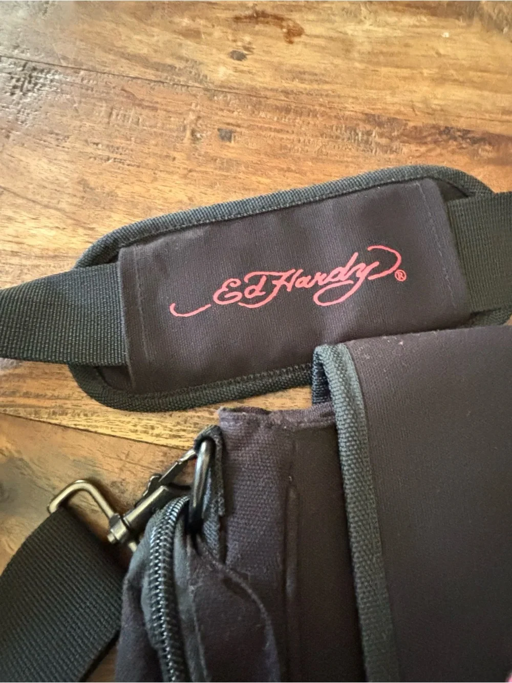 Ed Hardy Black Messenger Bag with Colorful Tattoo Heart and Rose Graphic